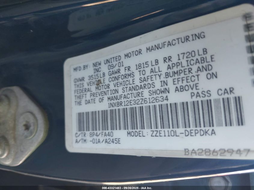 2002 Toyota Corolla Le VIN: 1NXBR12E32Z612634 Lot: 43321483