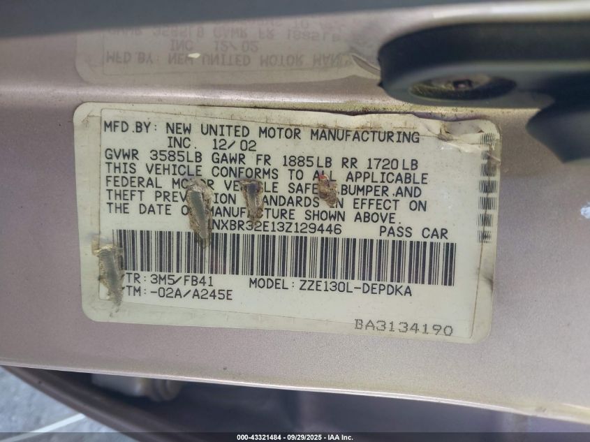 2003 Toyota Corolla Ce VIN: 1NXBR32E13Z129446 Lot: 43321484