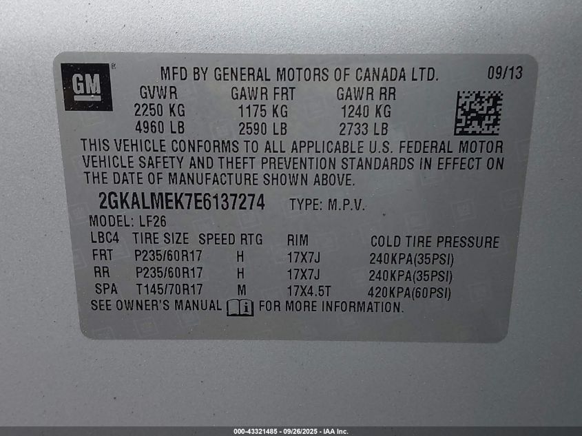 2014 GMC Terrain Sle-1 VIN: 2GKALMEK7E6137274 Lot: 43321485