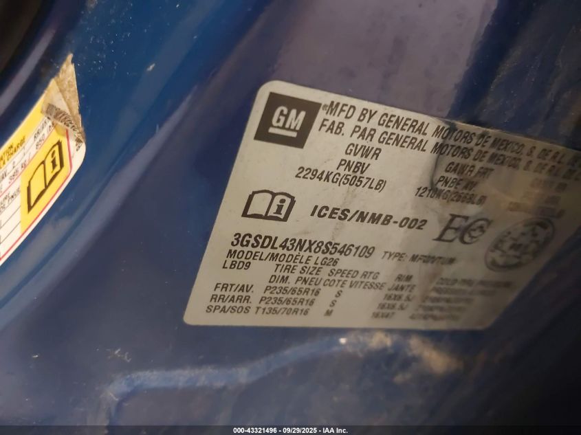 2008 Saturn Vue V6 Xe VIN: 3GSDL43NX8S546109 Lot: 43321496