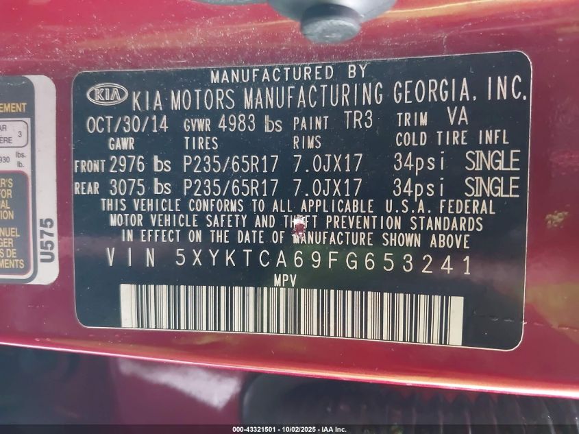 2015 Kia Sorento Lx VIN: 5XYKTCA69FG653241 Lot: 43321501