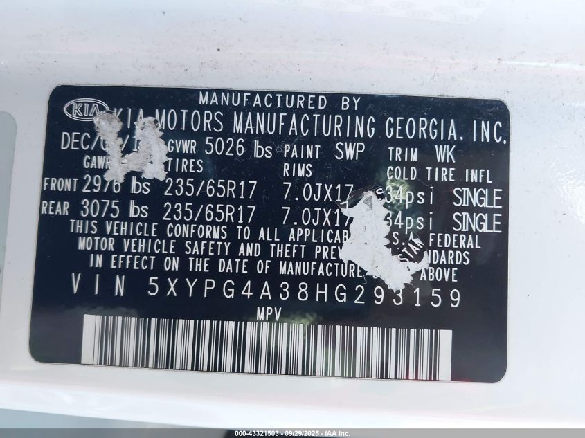 2017 Kia Sorento 2.4L Lx VIN: 5XYPG4A38HG293159 Lot: 43321503