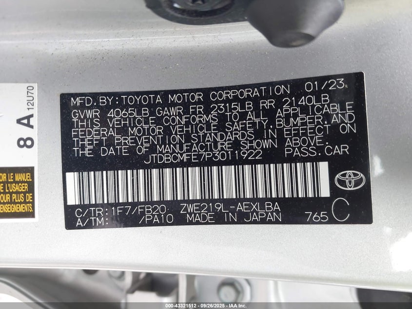 VIN JTDBCMFE7P3011922 2023 TOYOTA COROLLA HYBRID LE