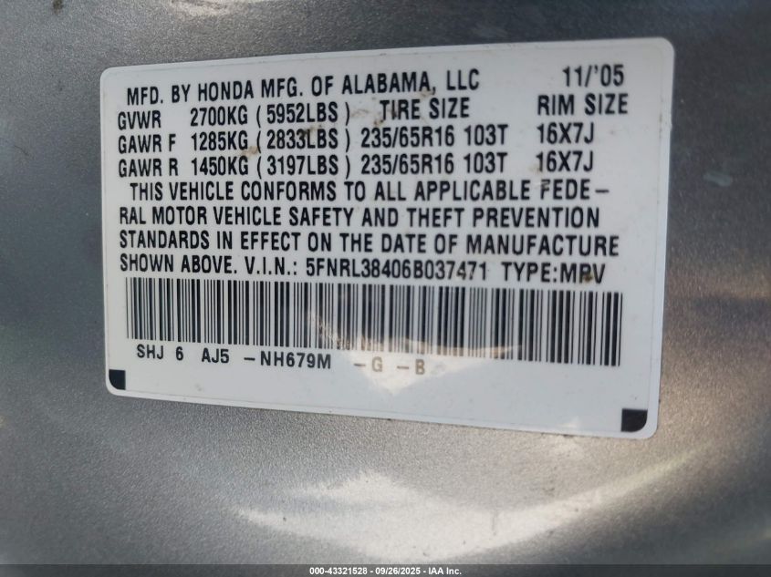 2006 Honda Odyssey Ex VIN: 5FNRL38406B037471 Lot: 43321528