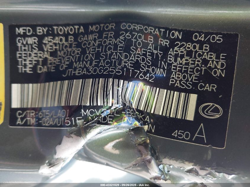 2005 Lexus Es 330 VIN: JTHBA30G255117642 Lot: 43321529