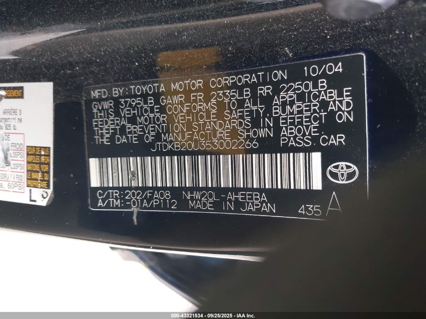 2005 Toyota Prius VIN: JTDKB20U353002266 Lot: 43321534