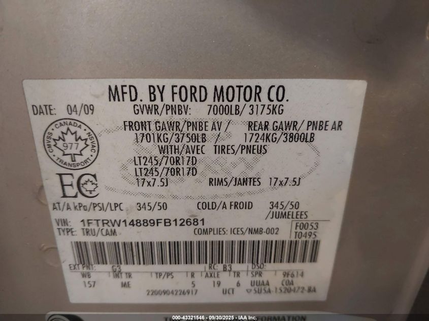 2009 Ford F-150 Xlt VIN: 1FTRW14889FB12681 Lot: 43321546