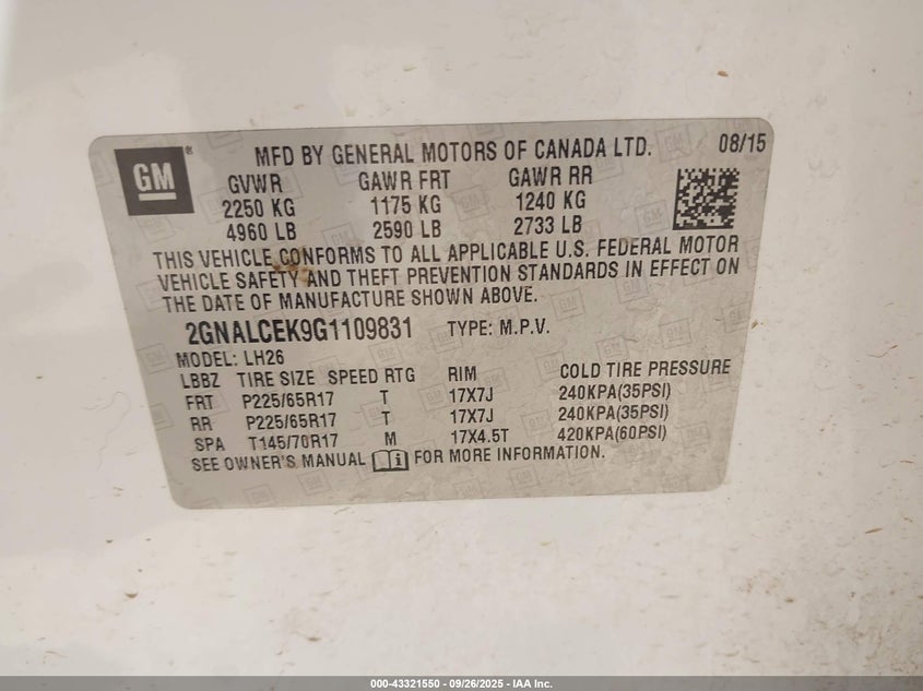 2016 CHEVROLET EQUINOX LT - 2GNALCEK9G1109831