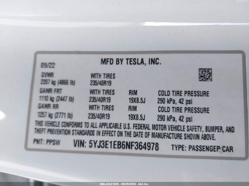 2022 Tesla Model 3 Long Range Dual Motor All-Wheel Drive VIN: 5YJ3E1EB6NF364978 Lot: 43321559