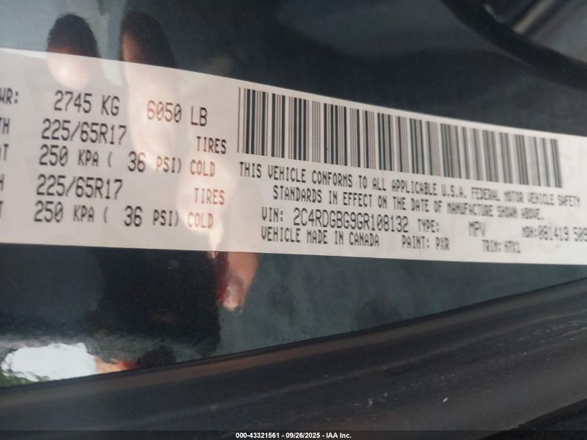 2016 Dodge Grand Caravan American Value Pkg VIN: 2C4RDGBG9GR108132 Lot: 43321561