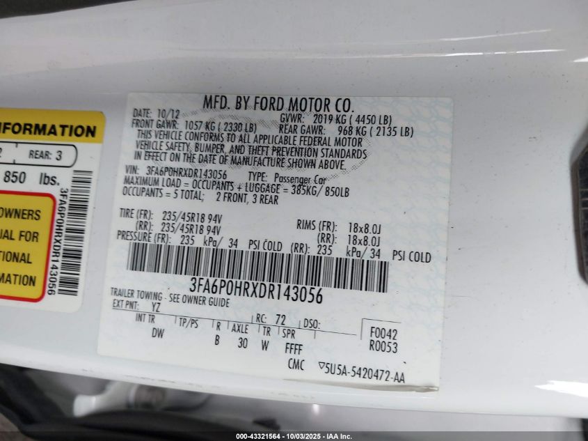 2013 Ford Fusion Se VIN: 3FA6P0HRXDR143056 Lot: 43321564