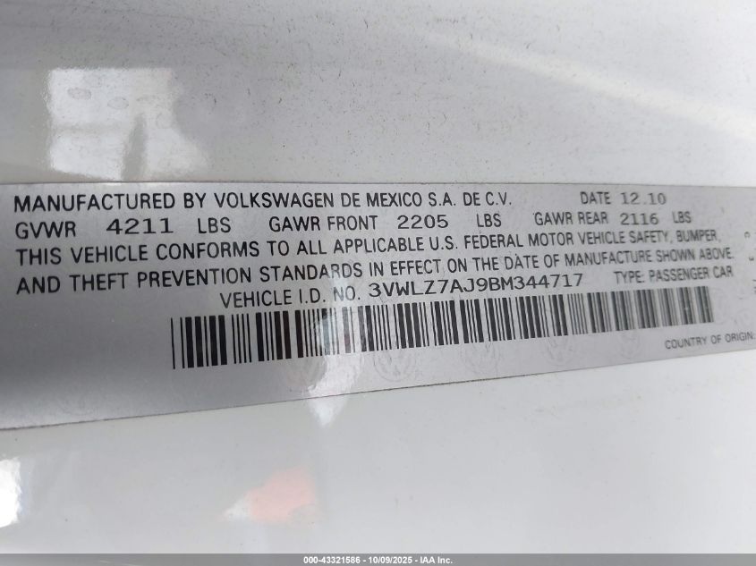 2011 Volkswagen Jetta 2.5L Sel VIN: 3VWLZ7AJ9BM344717 Lot: 43321586