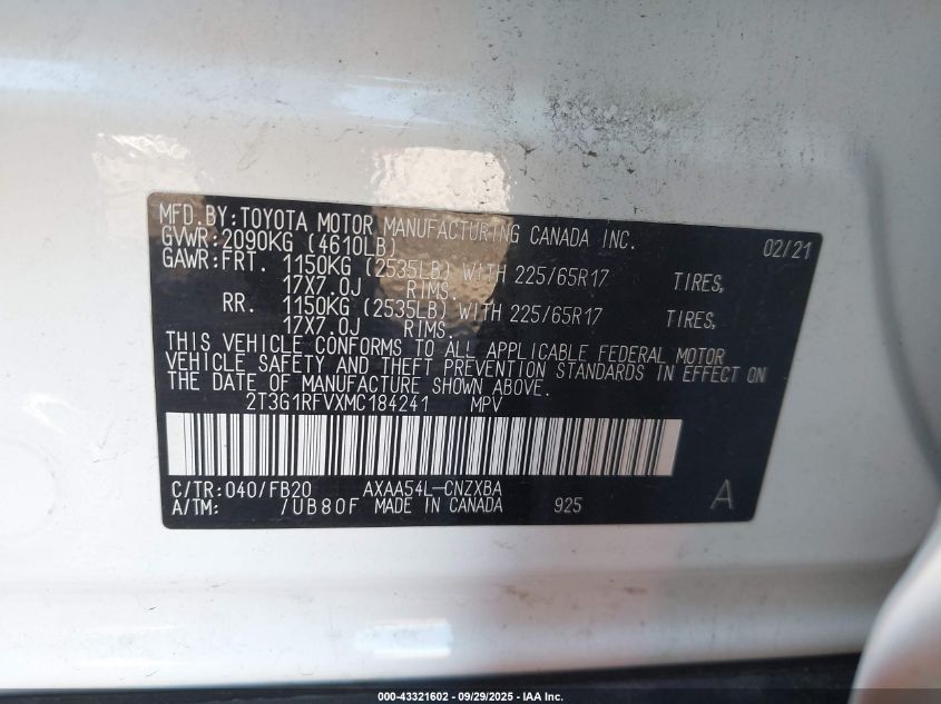 2021 Toyota Rav4 Le VIN: 2T3G1RFVXMC184241 Lot: 43321602