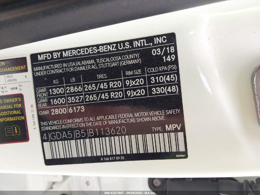 2018 Mercedes-Benz Gle VIN: 4JGDA5JB5JB113620 Lot: 43321607