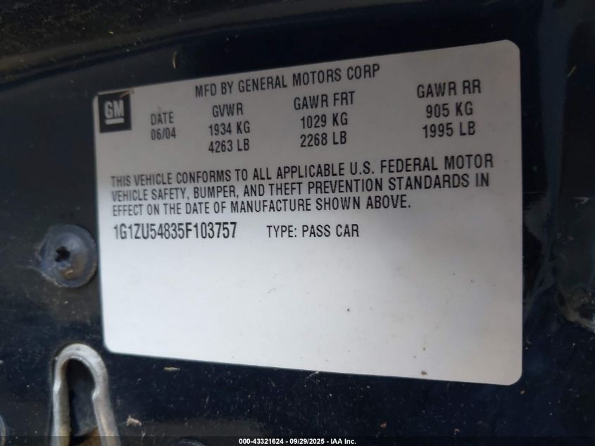 2005 Chevrolet Malibu Lt VIN: 1G1ZU54835F103757 Lot: 43321624