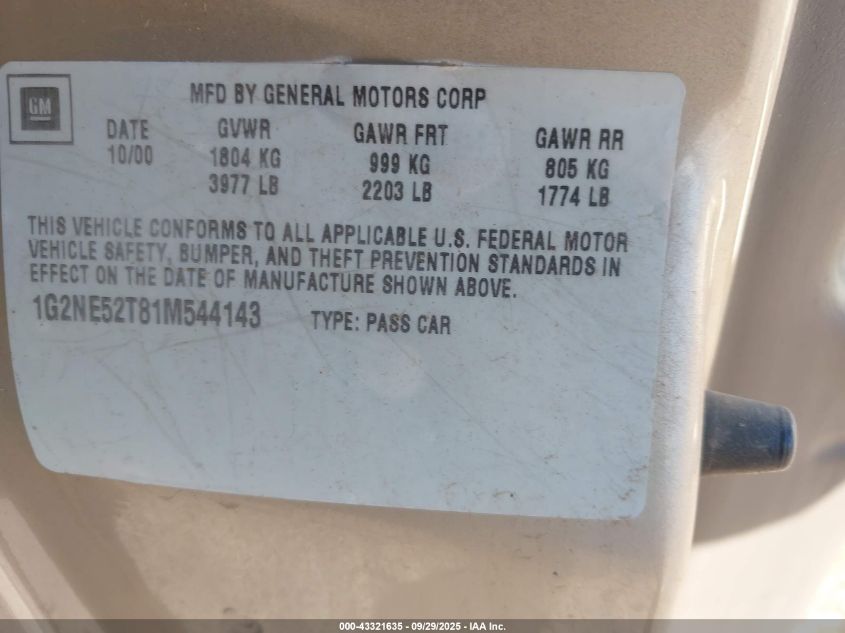 2001 Pontiac Grand Am Se VIN: 1G2NE52T81M544143 Lot: 43321635