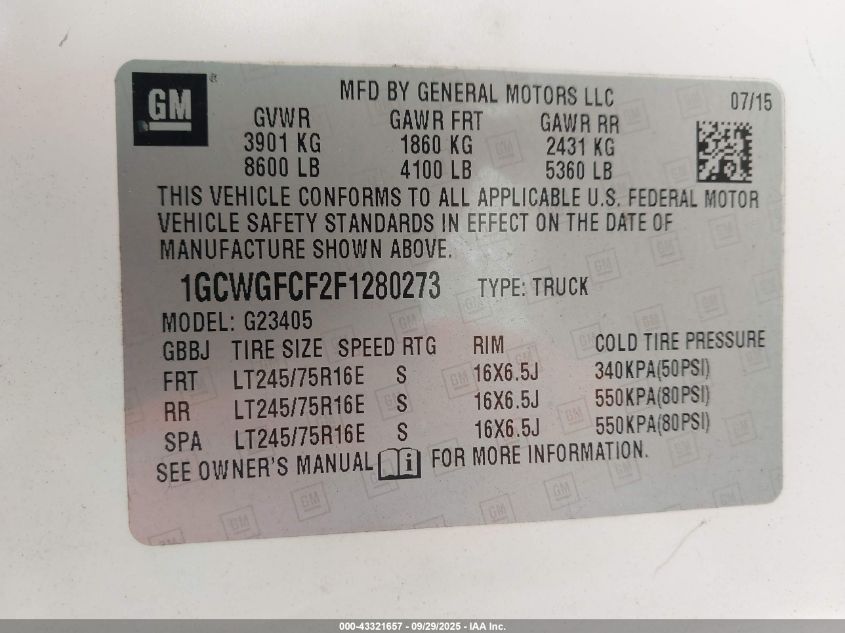 2015 Chevrolet Express 2500 Work Van VIN: 1GCWGFCF2F1280273 Lot: 43321657