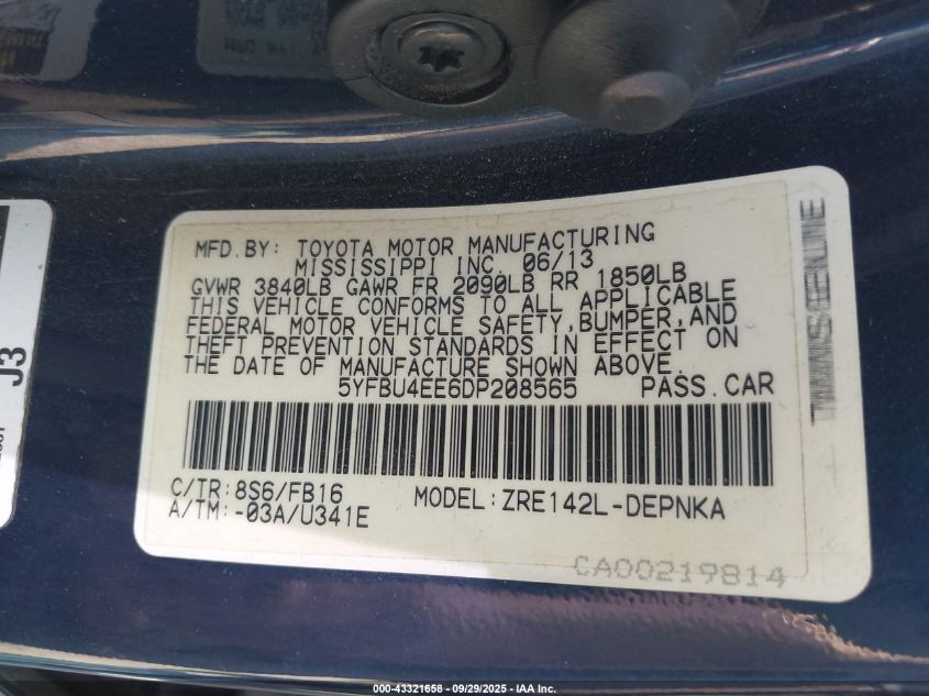 2013 Toyota Corolla Le VIN: 5YFBU4EE6DP208565 Lot: 43321658