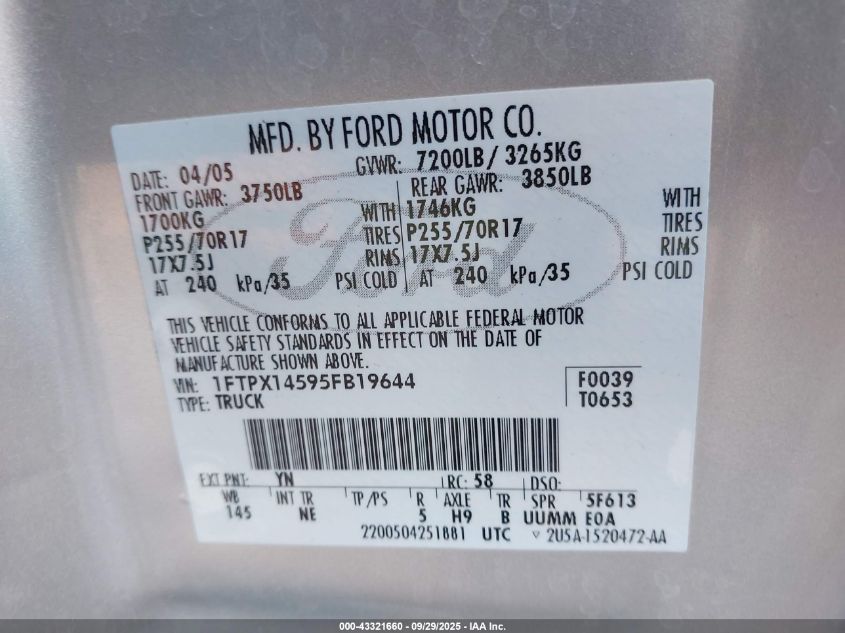 2005 Ford F-150 Fx4/Lariat/Xl/Xlt VIN: 1FTPX14595FB19644 Lot: 43321660