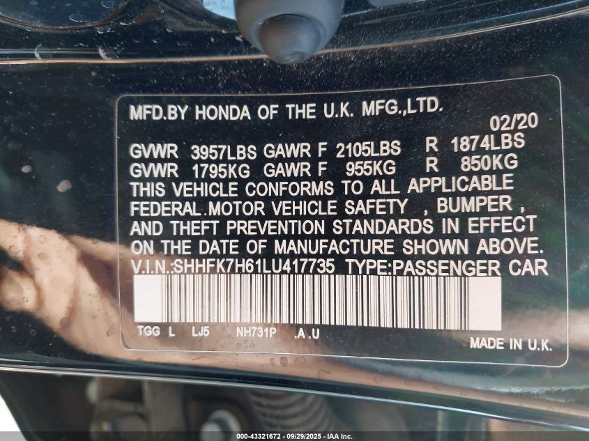 2020 Honda Civic Ex VIN: SHHFK7H61LU417735 Lot: 43321672