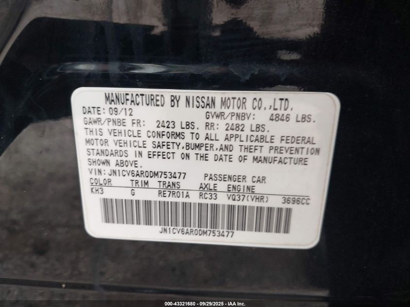 2013 Infiniti G37X VIN: JN1CV6AR0DM753477 Lot: 43321680