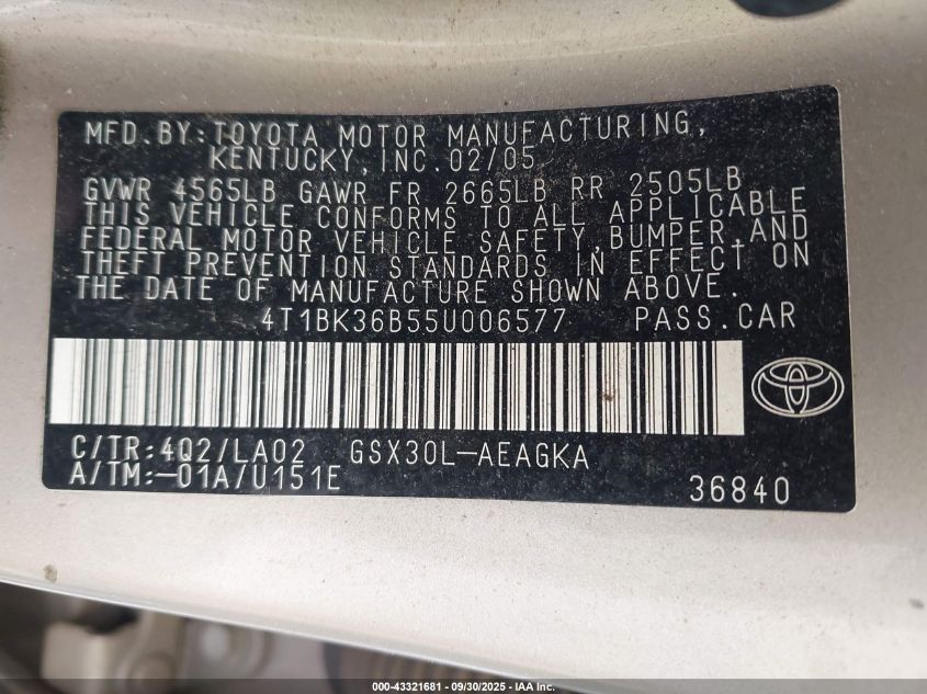 2005 Toyota Avalon Xls VIN: 4T1BK36B55U006577 Lot: 43321681