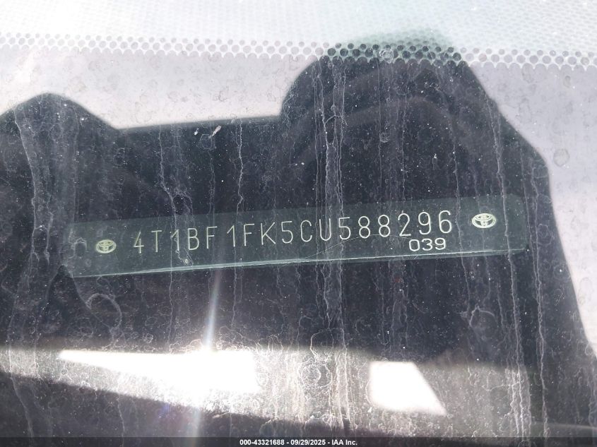 2012 Toyota Camry Se VIN: 4T1BF1FK5CU588296 Lot: 43321688