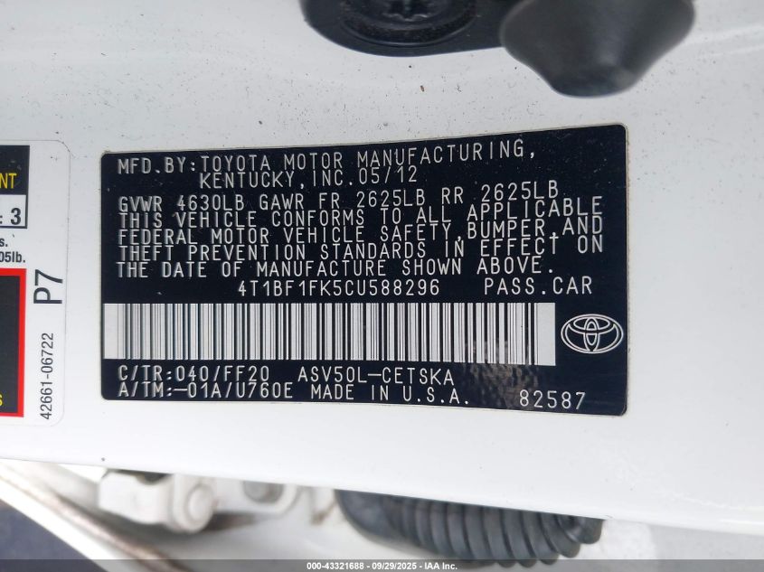 2012 Toyota Camry Se VIN: 4T1BF1FK5CU588296 Lot: 43321688
