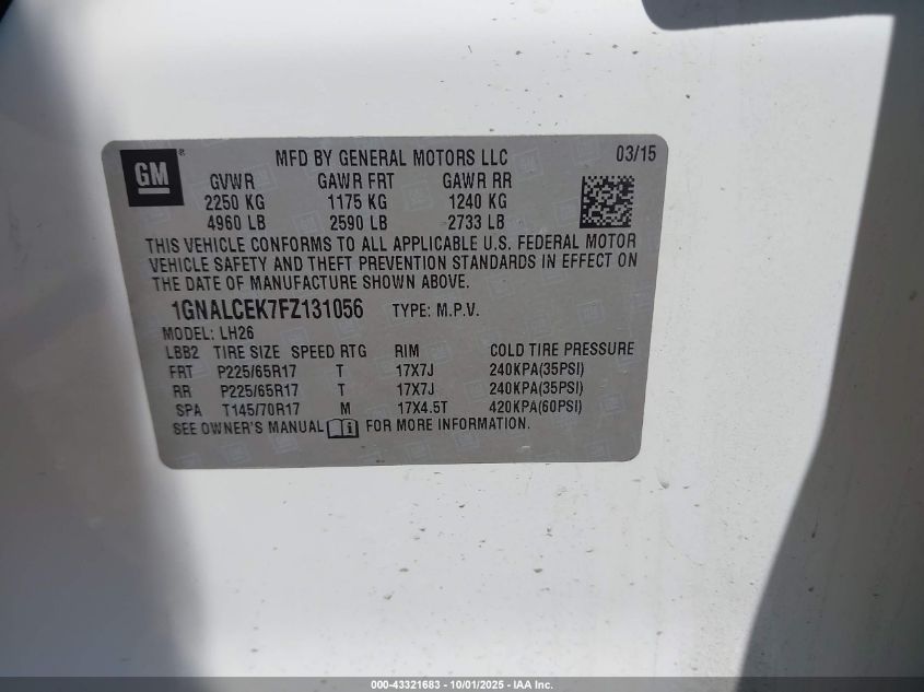 2015 Chevrolet Equinox 2Lt VIN: 1GNALCEK7FZ131056 Lot: 43321683