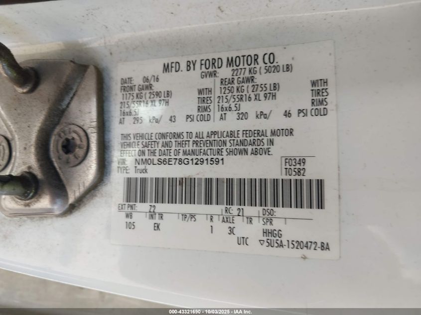 2016 Ford Transit Connect Xl VIN: NM0LS6E78G1291591 Lot: 43321690