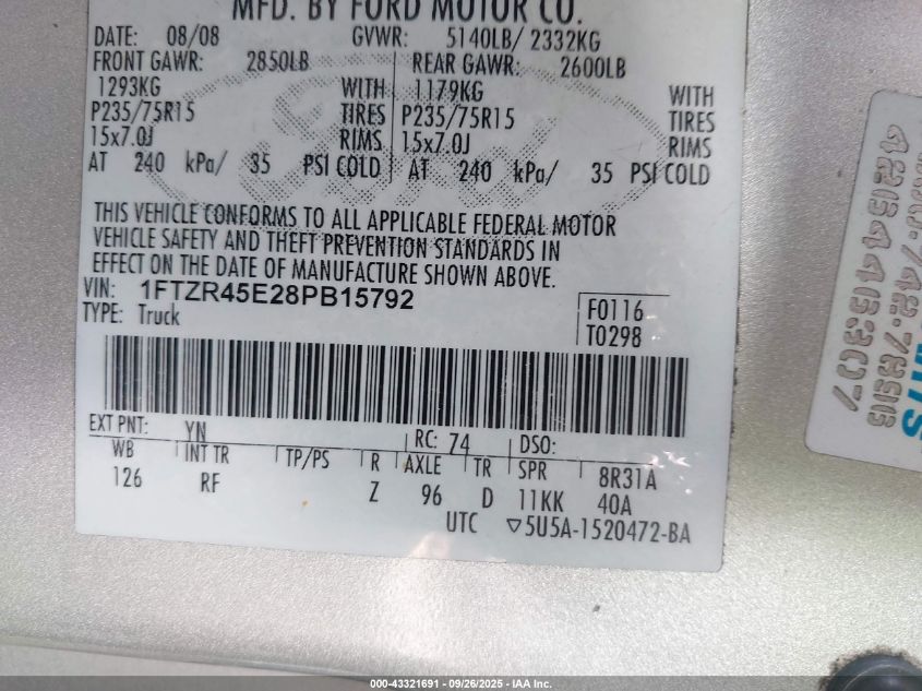 2008 Ford Ranger Fx4 Off-Road/Sport/Xlt VIN: 1FTZR45E28PB15792 Lot: 43321691