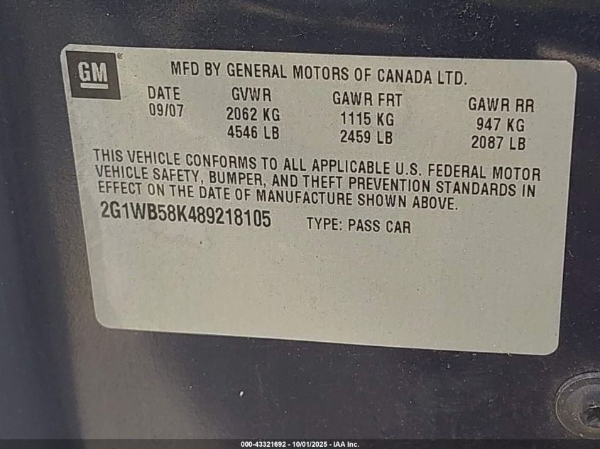 2008 Chevrolet Impala Ls VIN: 2G1WB58K489218105 Lot: 43321692