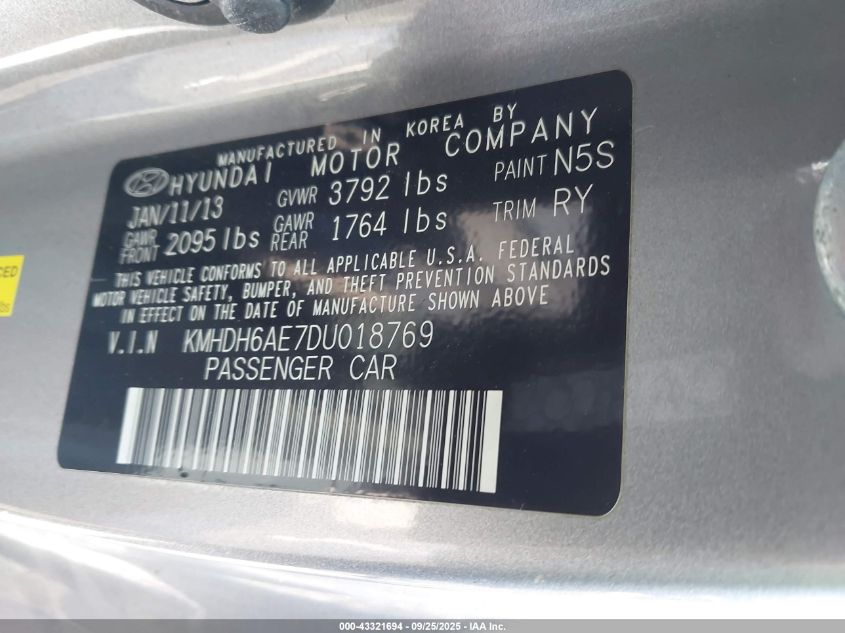 2013 Hyundai Elantra Gs VIN: KMHDH6AE7DU018769 Lot: 43321694