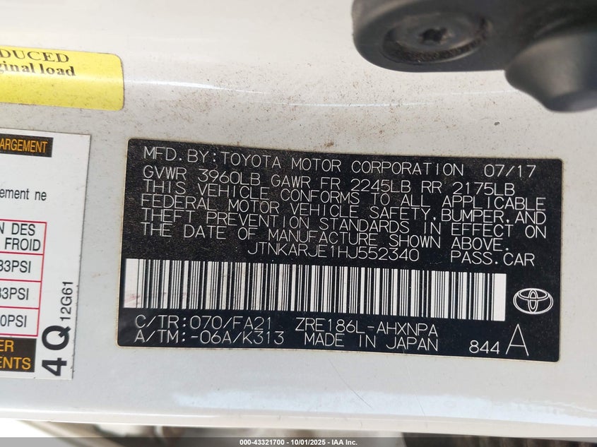 2017 Toyota Corolla Im VIN: JTNKARJE1HJ552340 Lot: 43321700