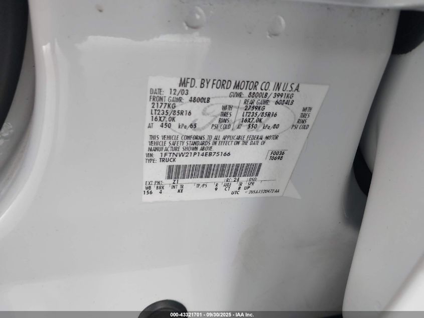 2004 Ford F-250 Lariat/Xl/Xlt VIN: 1FTNW21P14EB75166 Lot: 43321701
