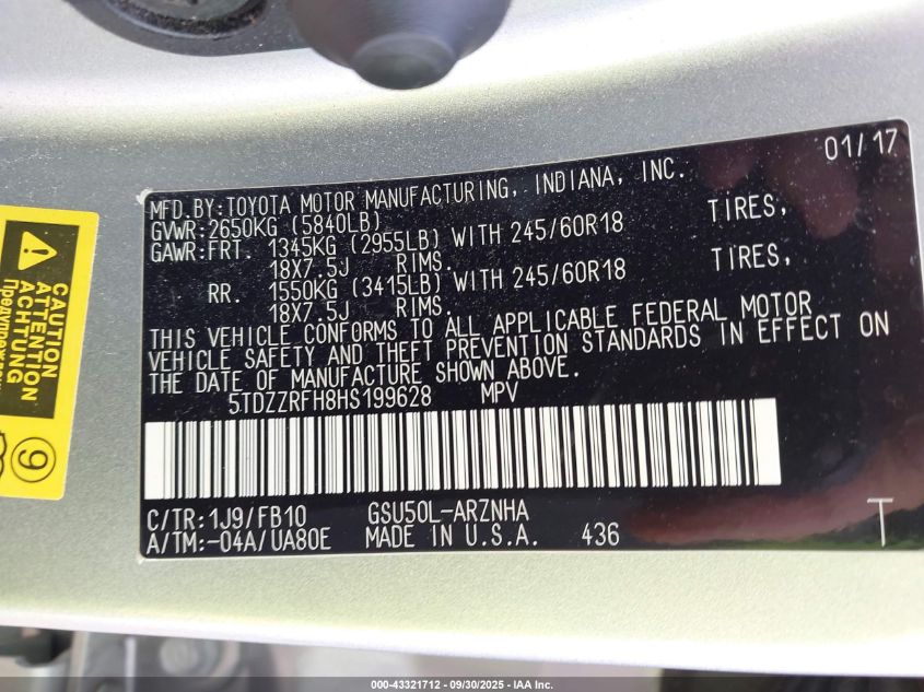 2017 Toyota Highlander Le VIN: 5TDZZRFH8HS199628 Lot: 43321712