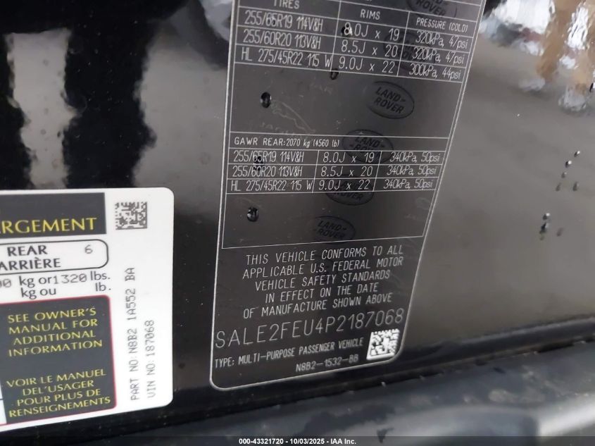 2023 Land Rover Defender 130 X-Dynamic Se VIN: SALE2FEU4P2187068 Lot: 43321720