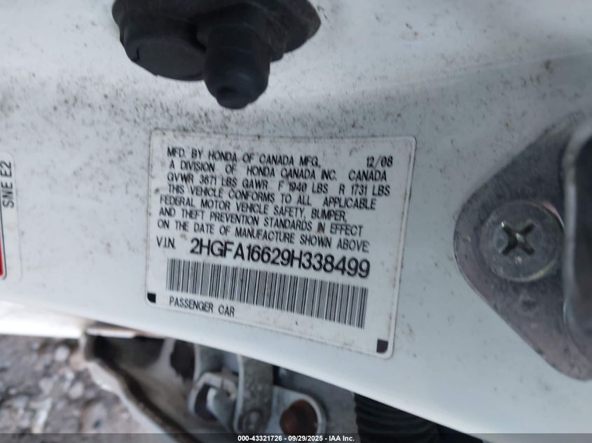 2009 Honda Civic Lx-S VIN: 2HGFA16629H338499 Lot: 43321726