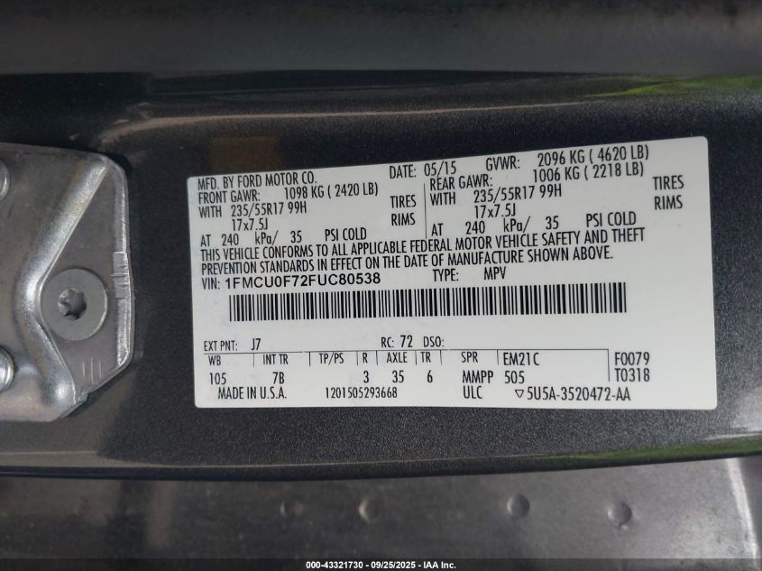 2015 Ford Escape S VIN: 1FMCU0F72FUC80538 Lot: 43321730