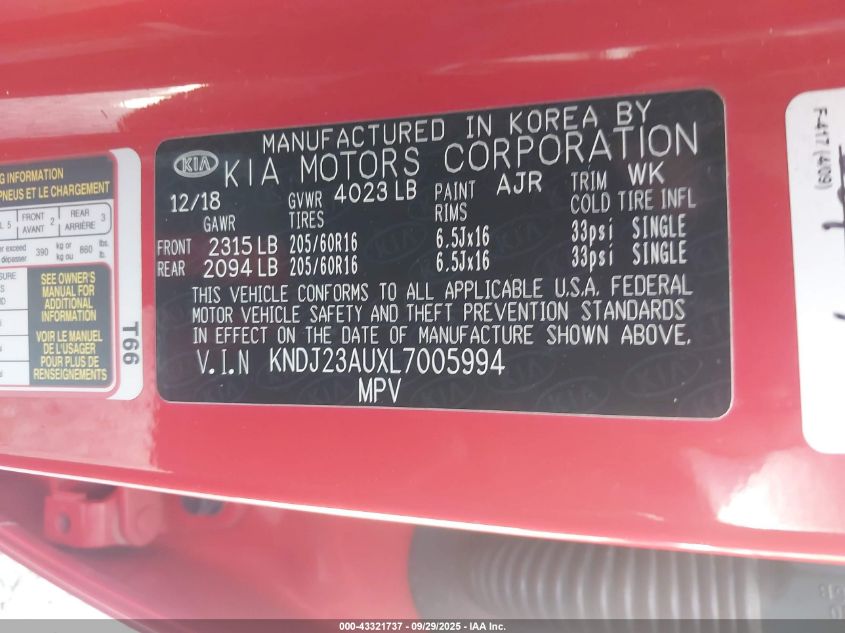 2020 Kia Soul S VIN: KNDJ23AUXL7005994 Lot: 43321737