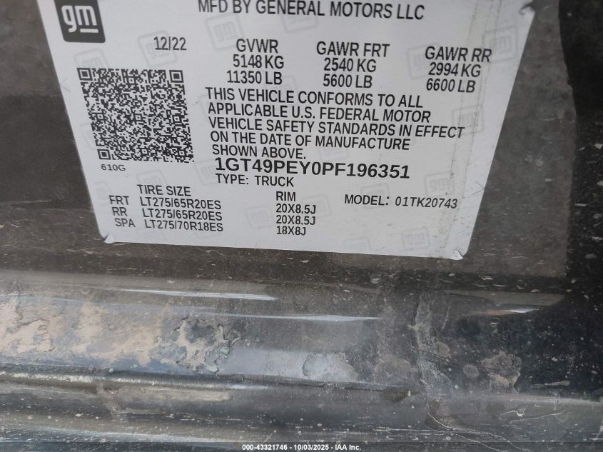 2023 GMC Sierra 2500Hd 4Wd Standard Bed At4 VIN: 1GT49PEY0PF196351 Lot: 43321746