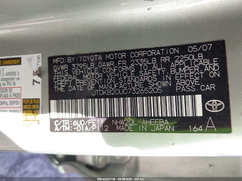 2007 Toyota Prius VIN: JTDKB20U073265205 Lot: 43321745