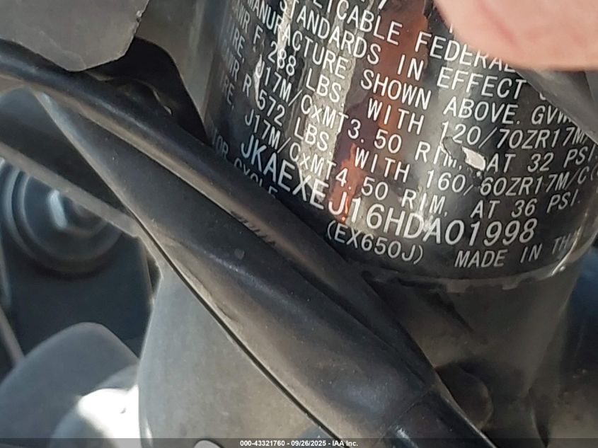 2017 Kawasaki Ex650 J VIN: JKAEXEJ16HDA01998 Lot: 43321760