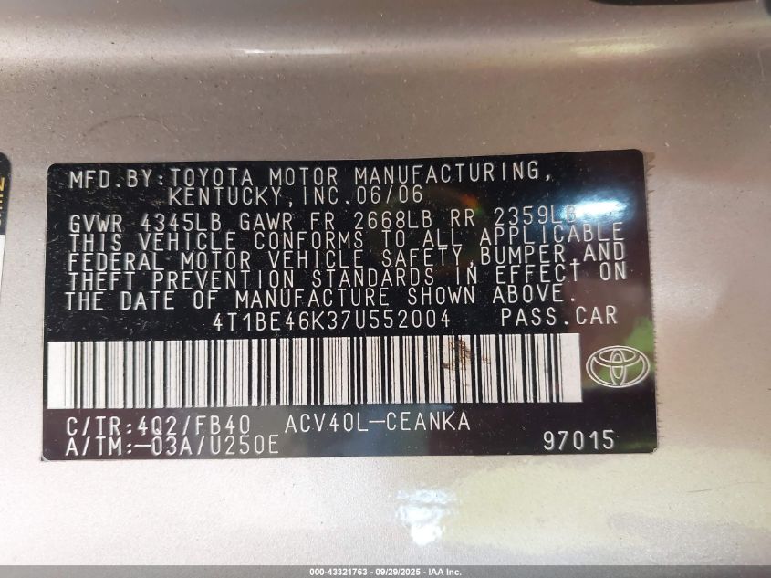 2007 Toyota Camry Le VIN: 4T1BE46K37U552004 Lot: 43321763