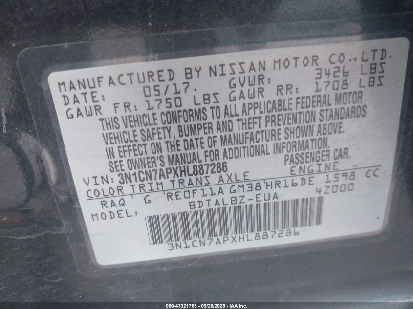 2017 Nissan Versa 1.6 Sv VIN: 3N1CN7APXHL887286 Lot: 43321765