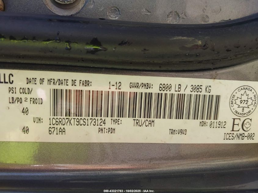 2012 Ram 1500 St VIN: 1C6RD7KT9CS173124 Lot: 43321783