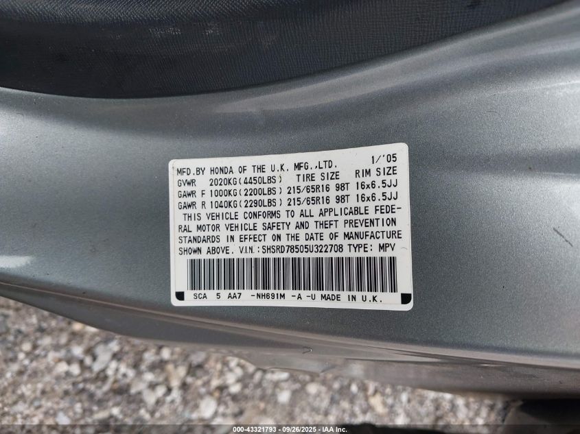 2005 Honda Cr-V Lx VIN: SHSRD78505U322708 Lot: 43321793