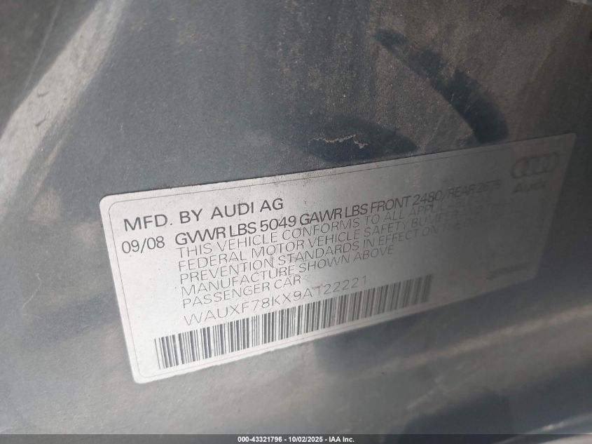 2009 Audi A4 2.0T Avant VIN: WAUXF78KX9A122221 Lot: 43321796