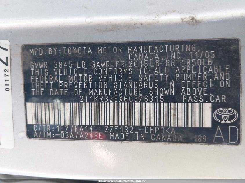 2006 Toyota Matrix VIN: 2T1KR32EX6C576315 Lot: 43321797