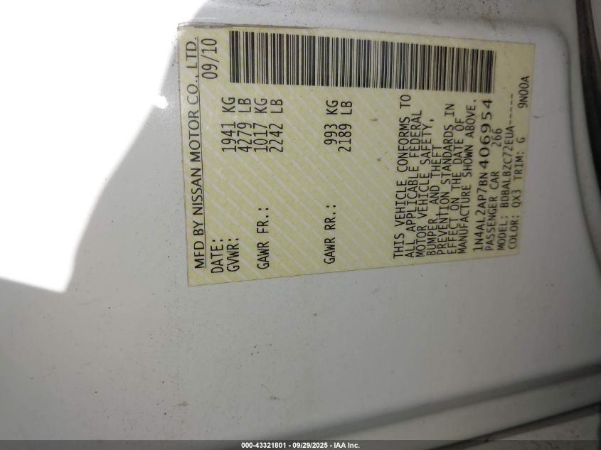 2011 Nissan Altima 2.5 S VIN: 1N4AL2AP7BN406954 Lot: 43321801